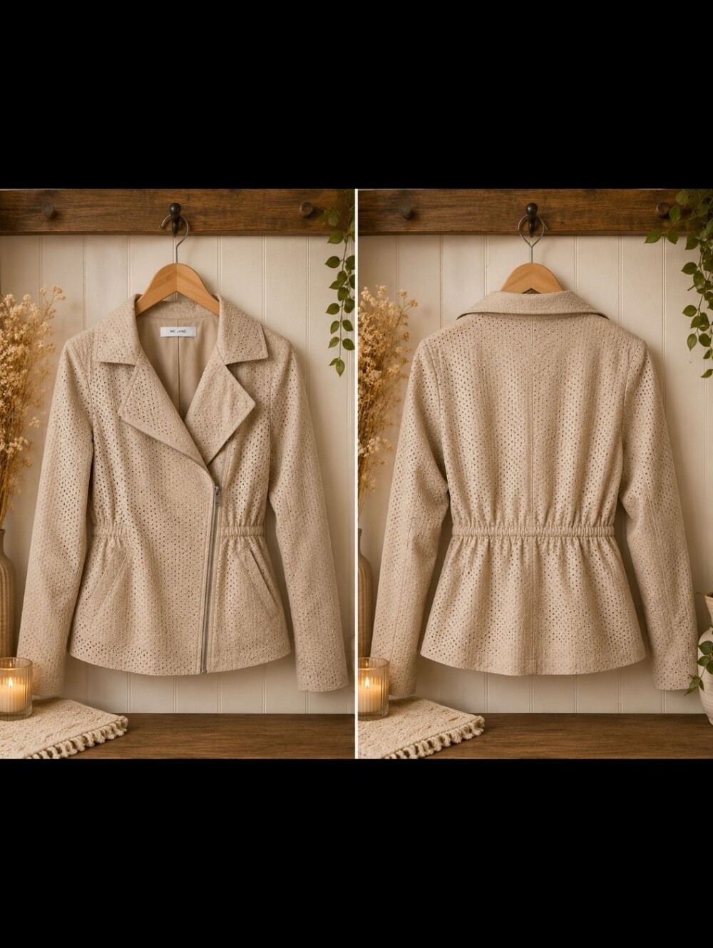 Me Jane ~ Beige Eyelet Lightweight Moto Jacket | Utility Jacket | Small
